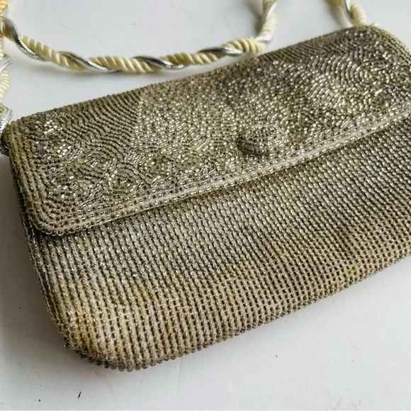 Vintage "RICHERE" Beaded Purse Evening Bag Silver Gold 1960's Hand Made in Japan - Picture 5 of 16